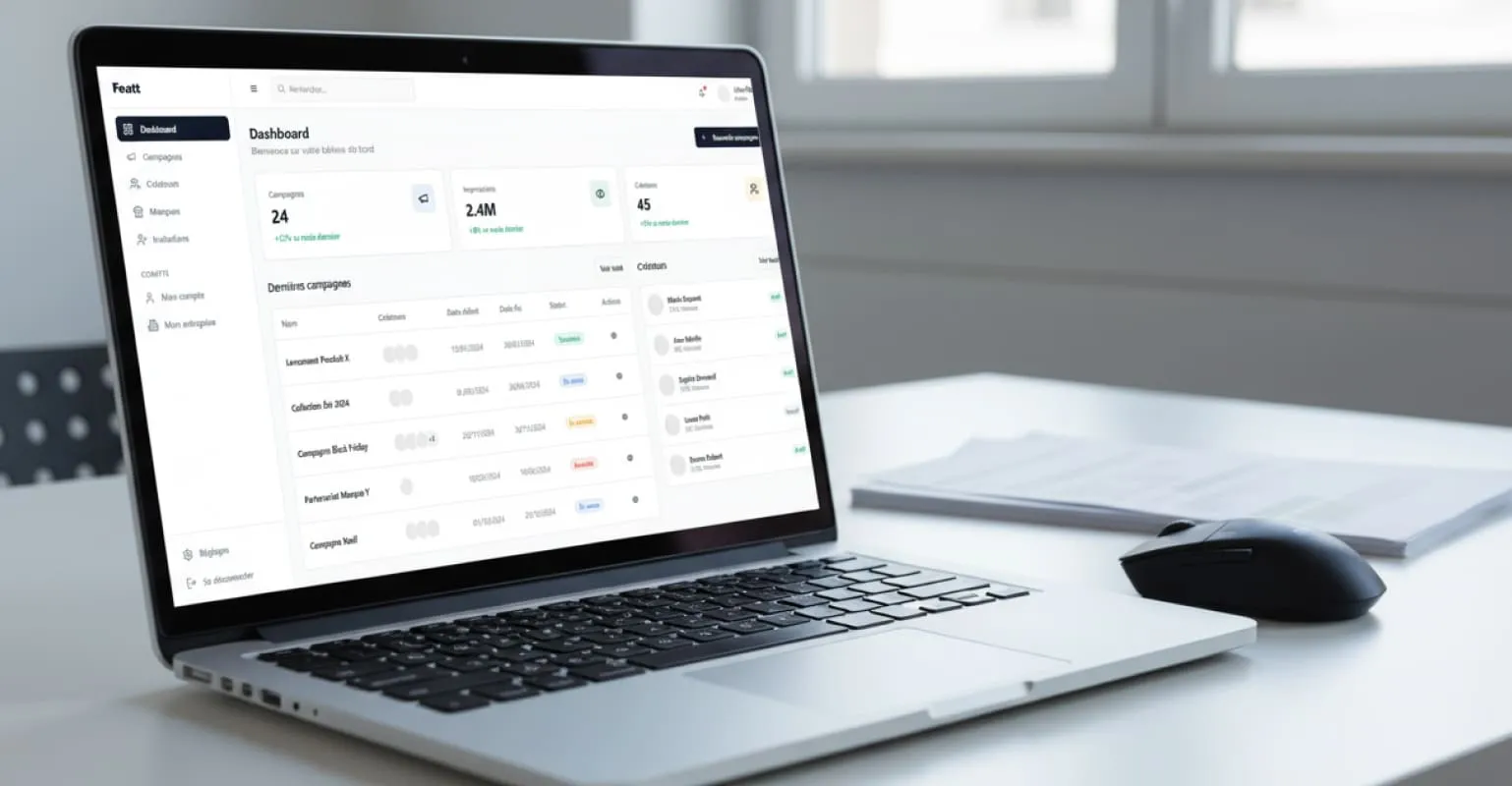 Le dashboard métier Featt (campagnes, créateurs, statistiques) sur ordinateur portable